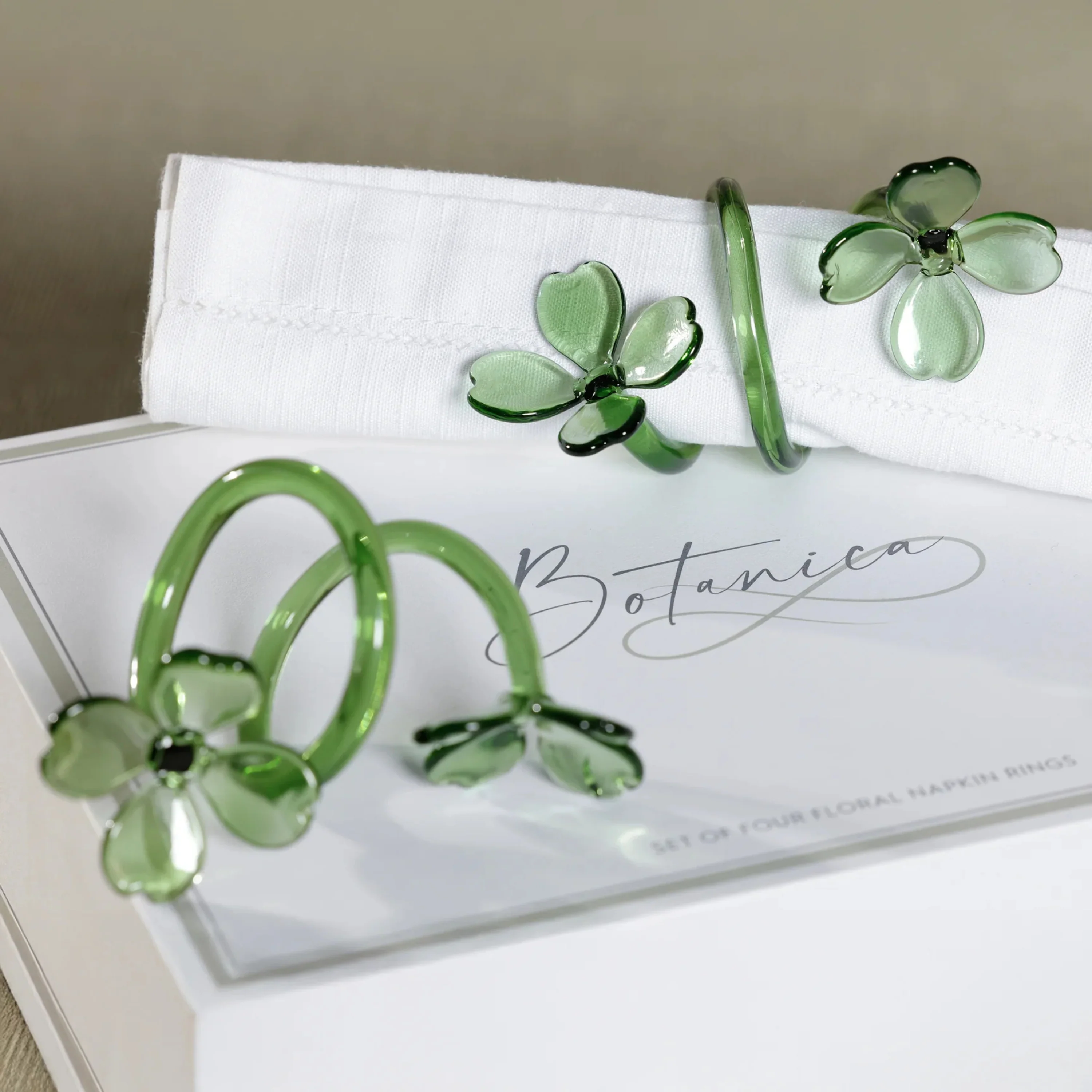 Botanica Glass Flower Napkin Rings (Set of 4 ) in Green - Image 3