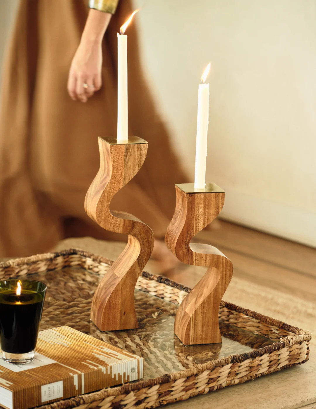 Wave Crest Acacia Wood Taper Holder with Metal Trim - Image 2