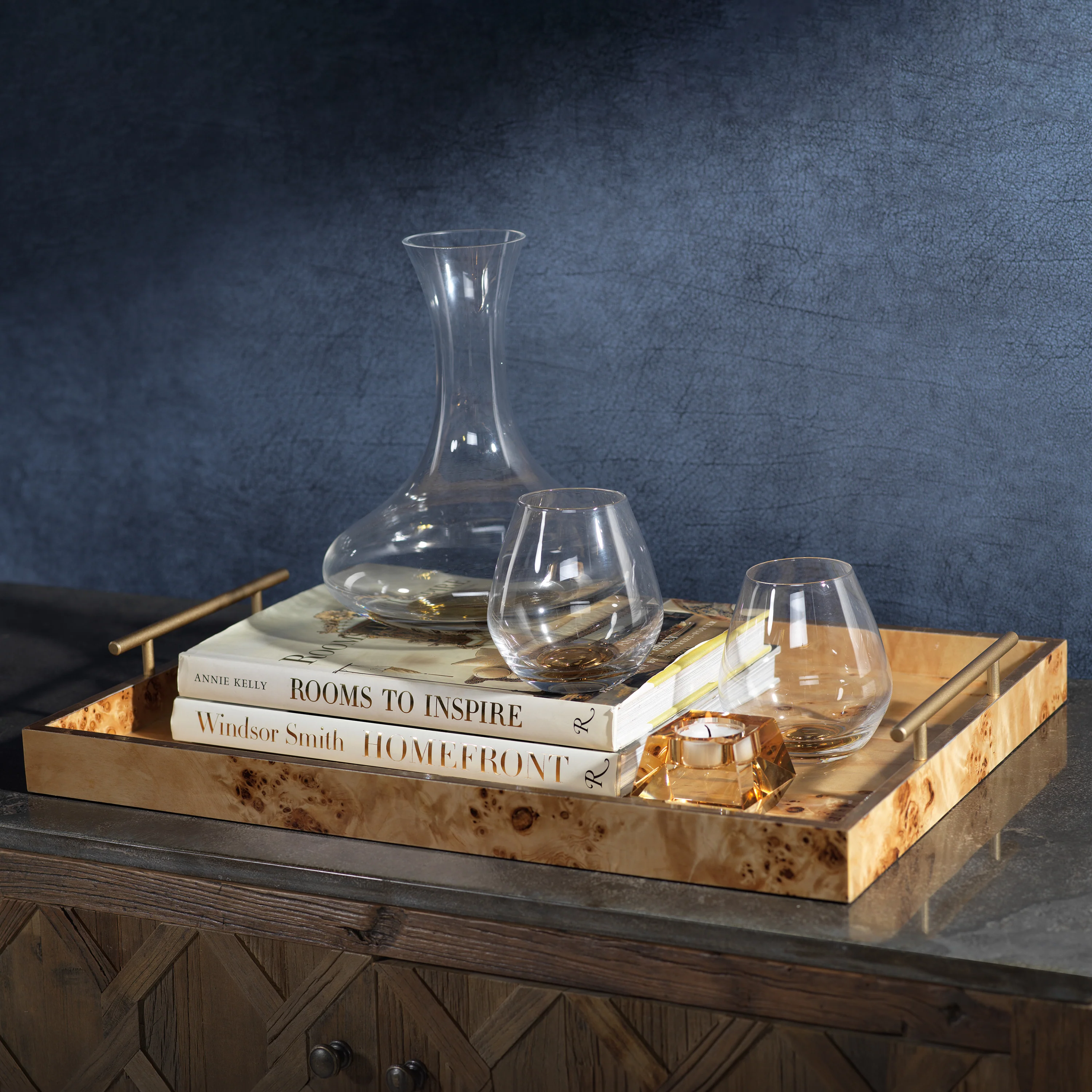 Leiden Burl Wood Design Rectangular Tray with Gold Handles