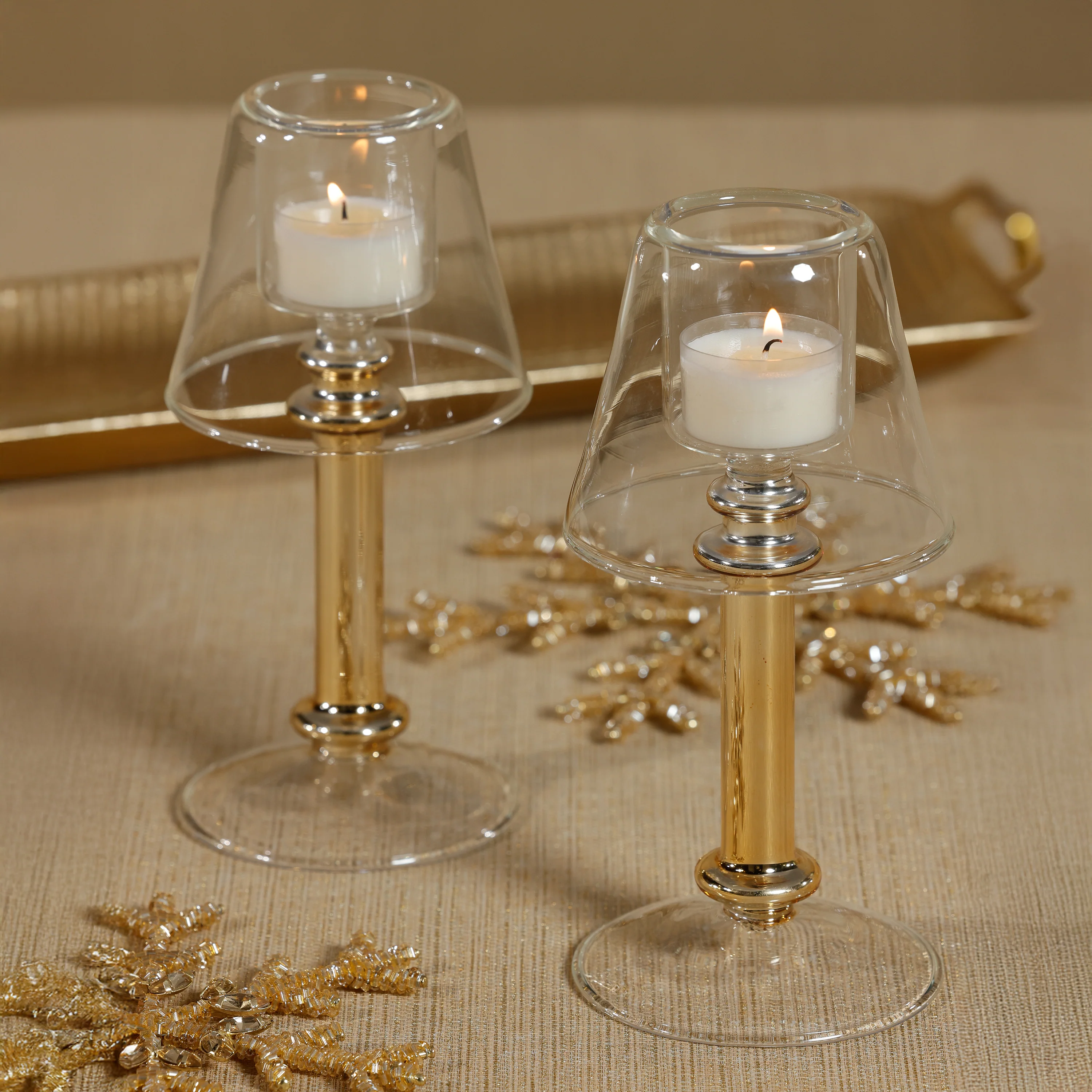 Isola Glass Tealight Lamp Candle Holder, Clear and Gold - Image 4