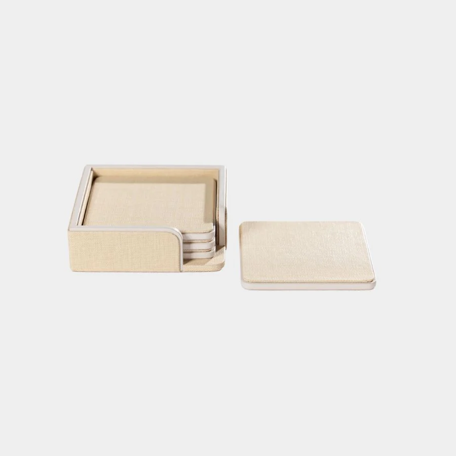 Nappa Leather & Raffia 4-Piece Coaster Set on Tray