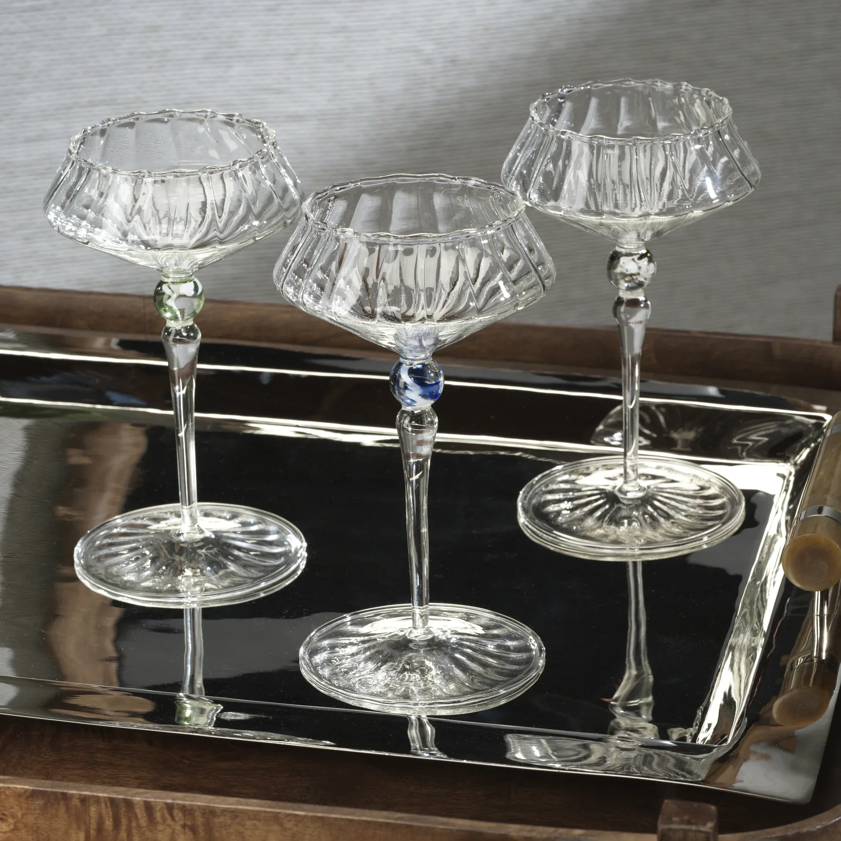 Ondine 4-Piece Set Fluted Coupe Glasses, Sea Green Accent - Image 4