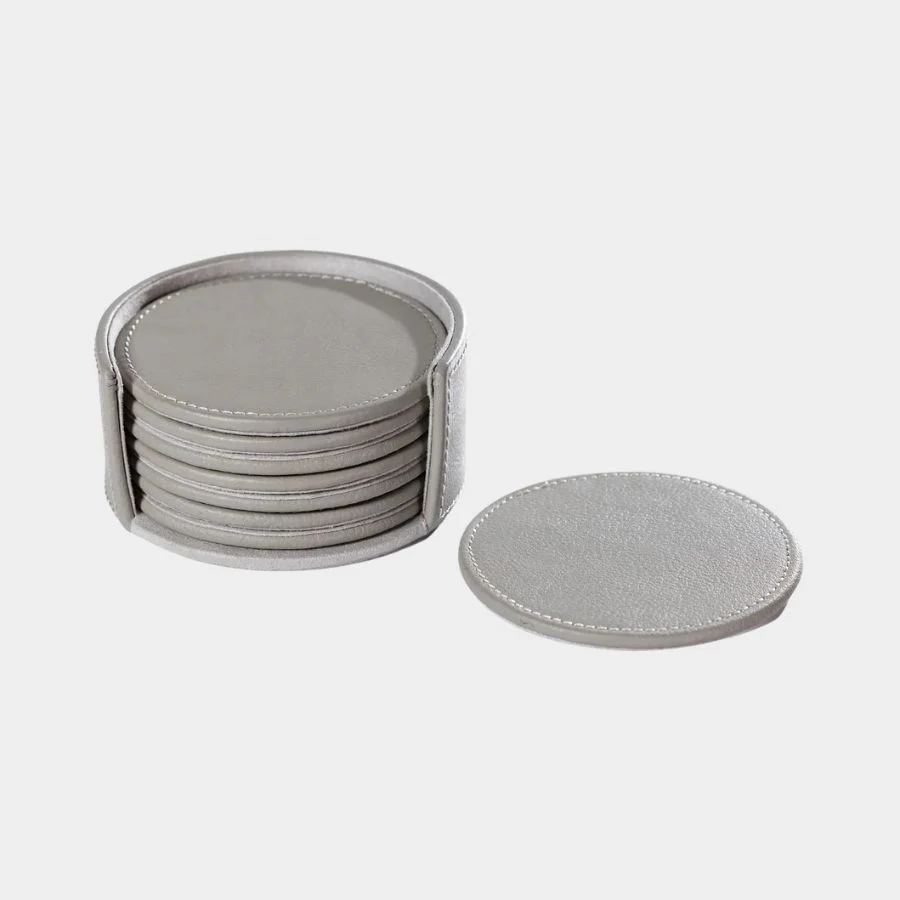Ruvo 8-Piece Set Leather Coasters in Gray