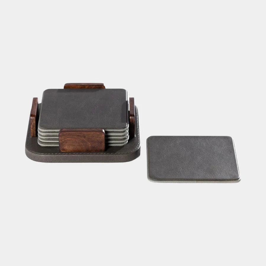 Sotto Leather with Burl Veneer Coaster (Set of 6), Cedar Green