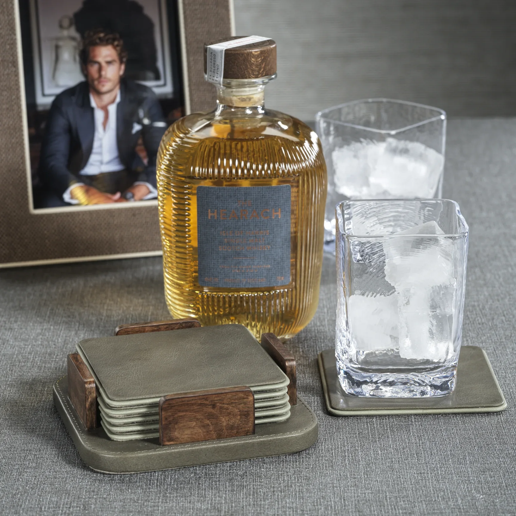 Sotto Leather with Burl Veneer Coaster (Set of 6), Cedar Green - Image 2