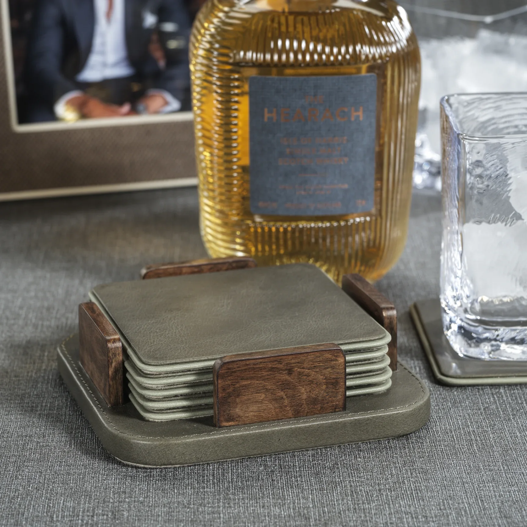 Sotto Leather with Burl Veneer Coaster (Set of 6), Cedar Green - Image 3