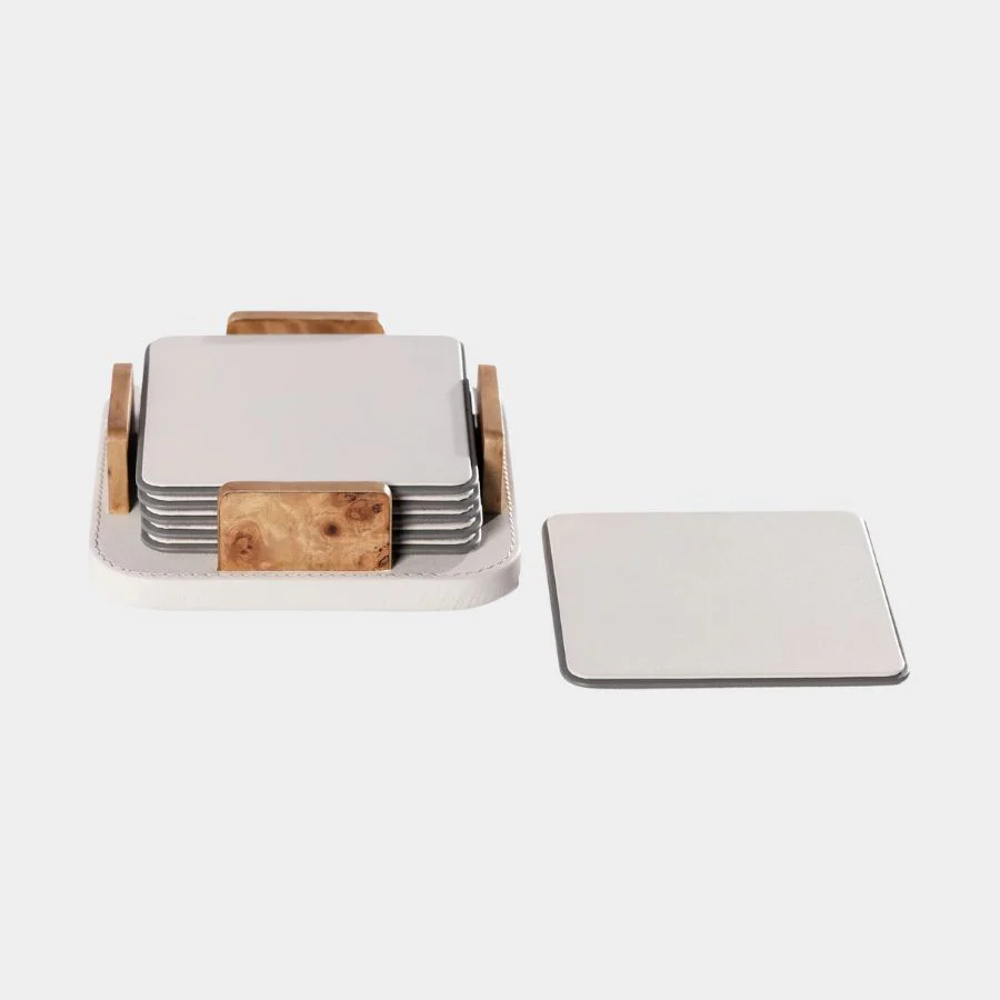 Sotto Leather with Burl Veneer Coaster Ivory