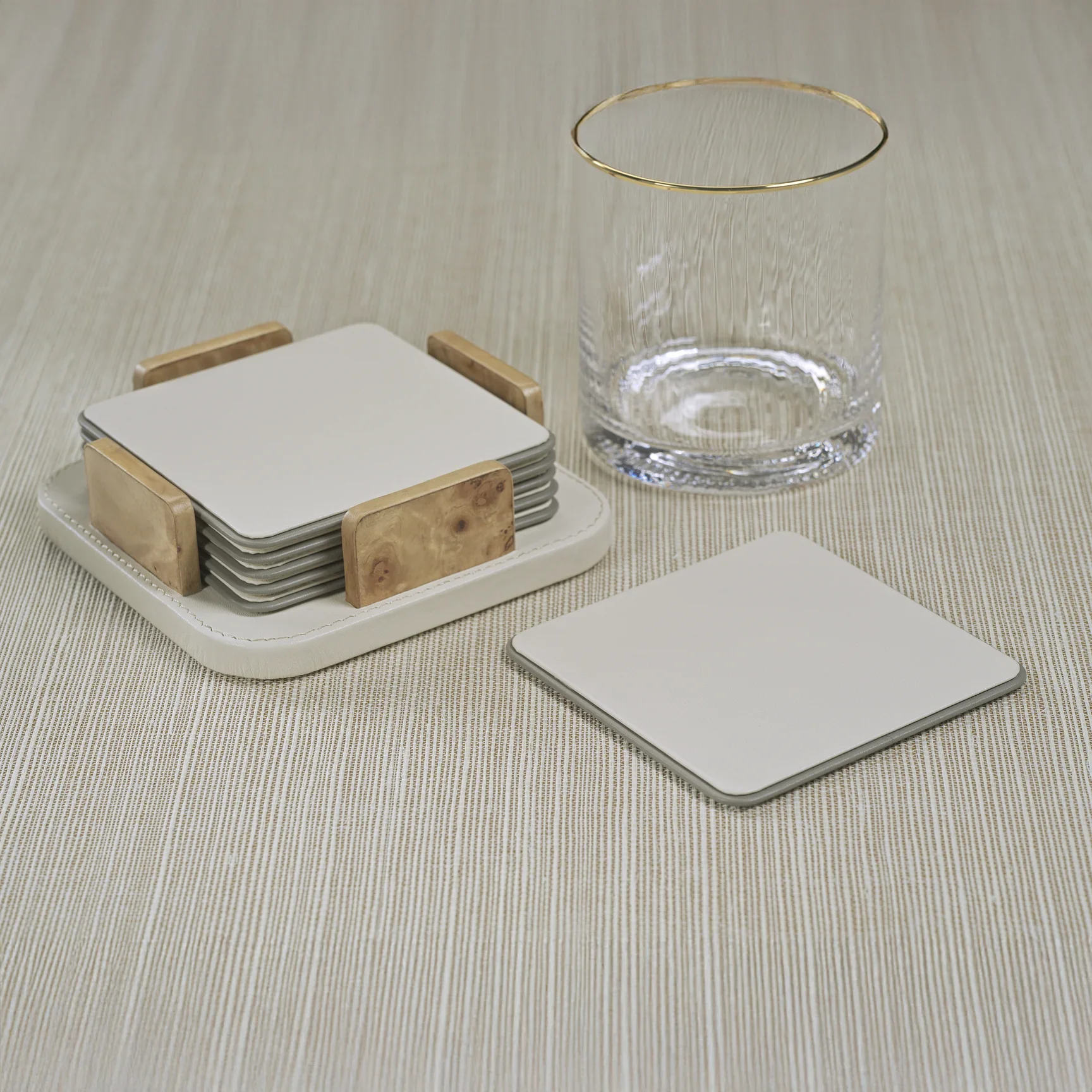 Sotto Leather with Burl Veneer Coaster Ivory - Image 2