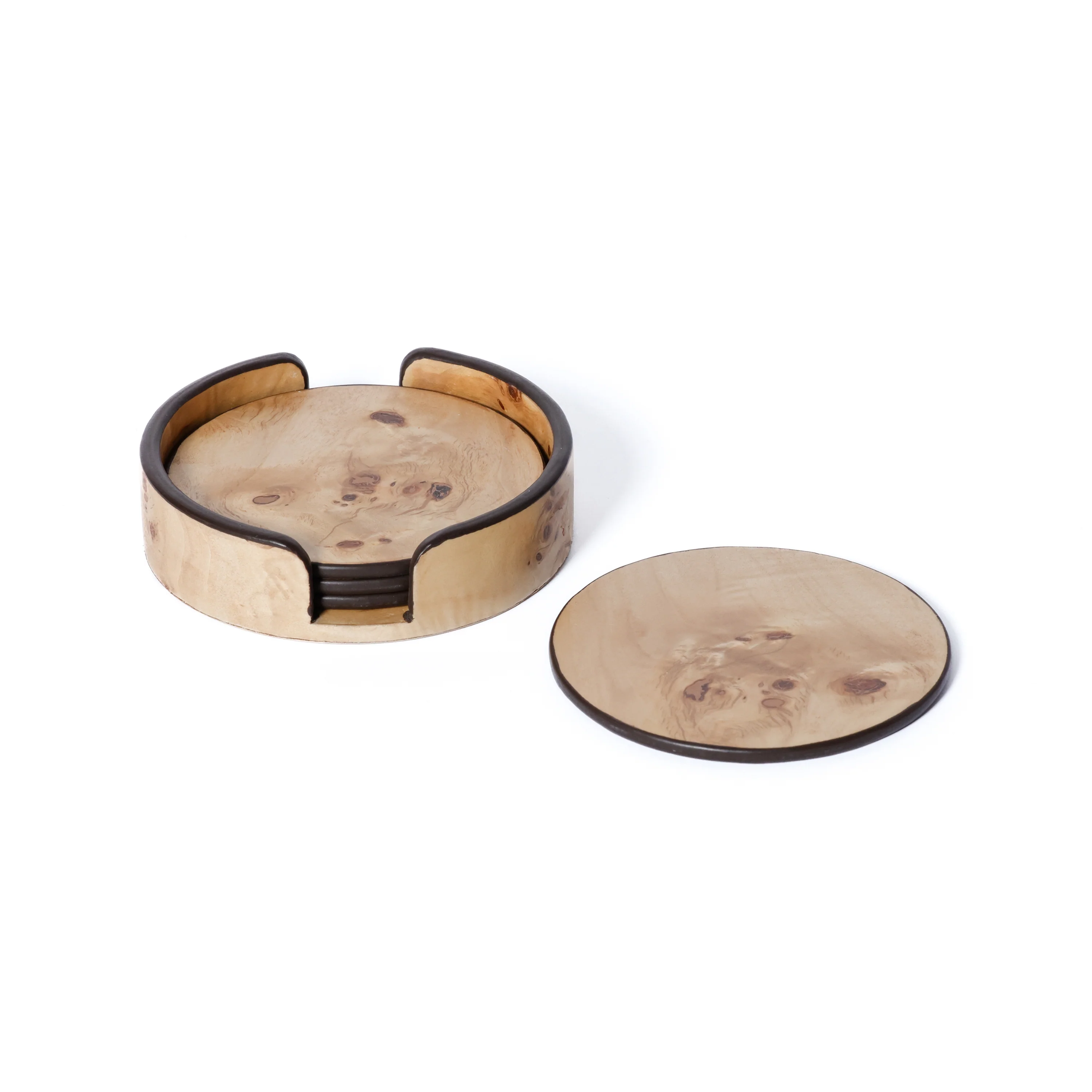 Valberg Burl Veneer Round Beverage Coasters with Holder, Set of 4