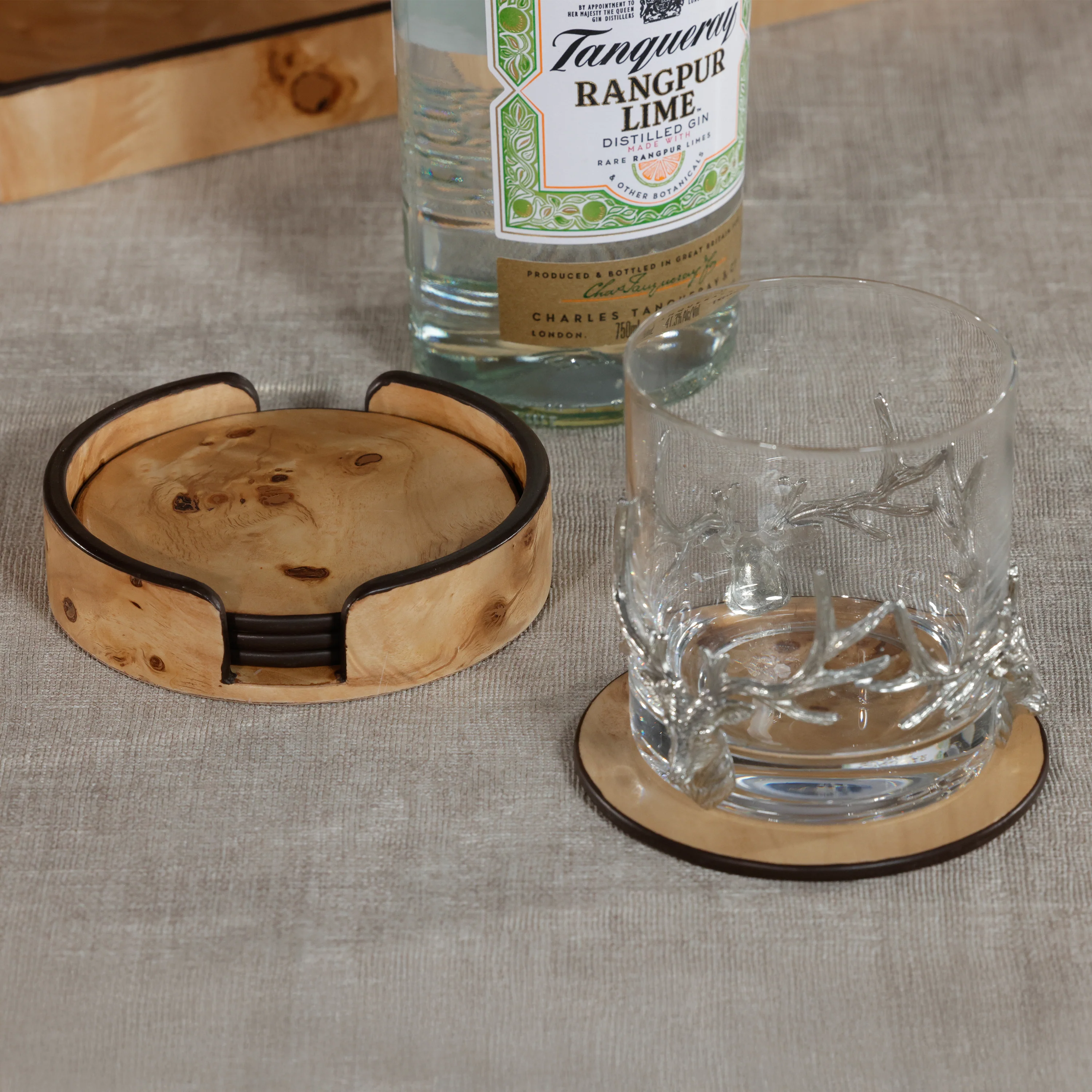 Valberg Burl Veneer Round Beverage Coasters with Holder, Set of 4 - Image 2
