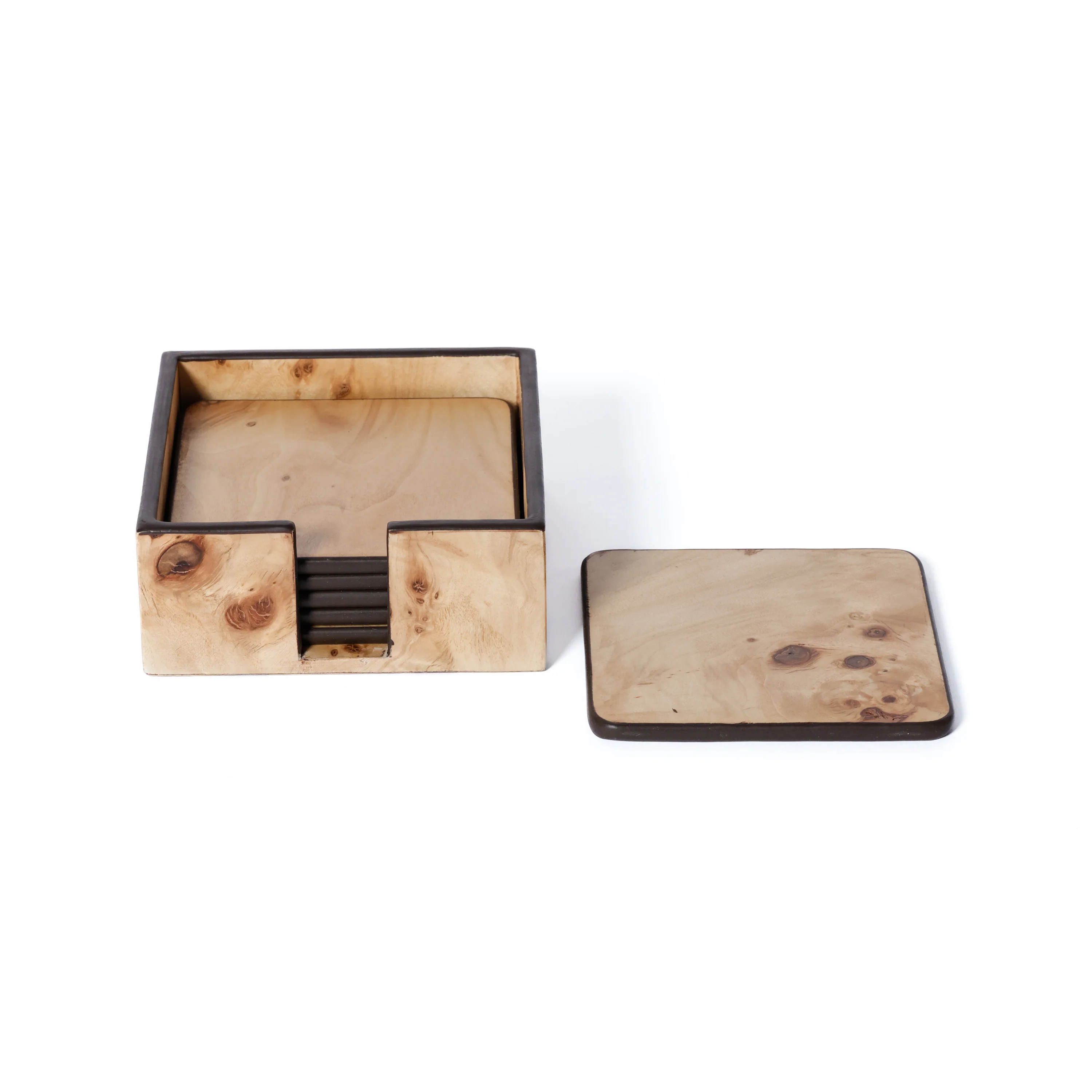 Valberg Burl Veneer Square Beverage Coasters with Holder, Set of 6