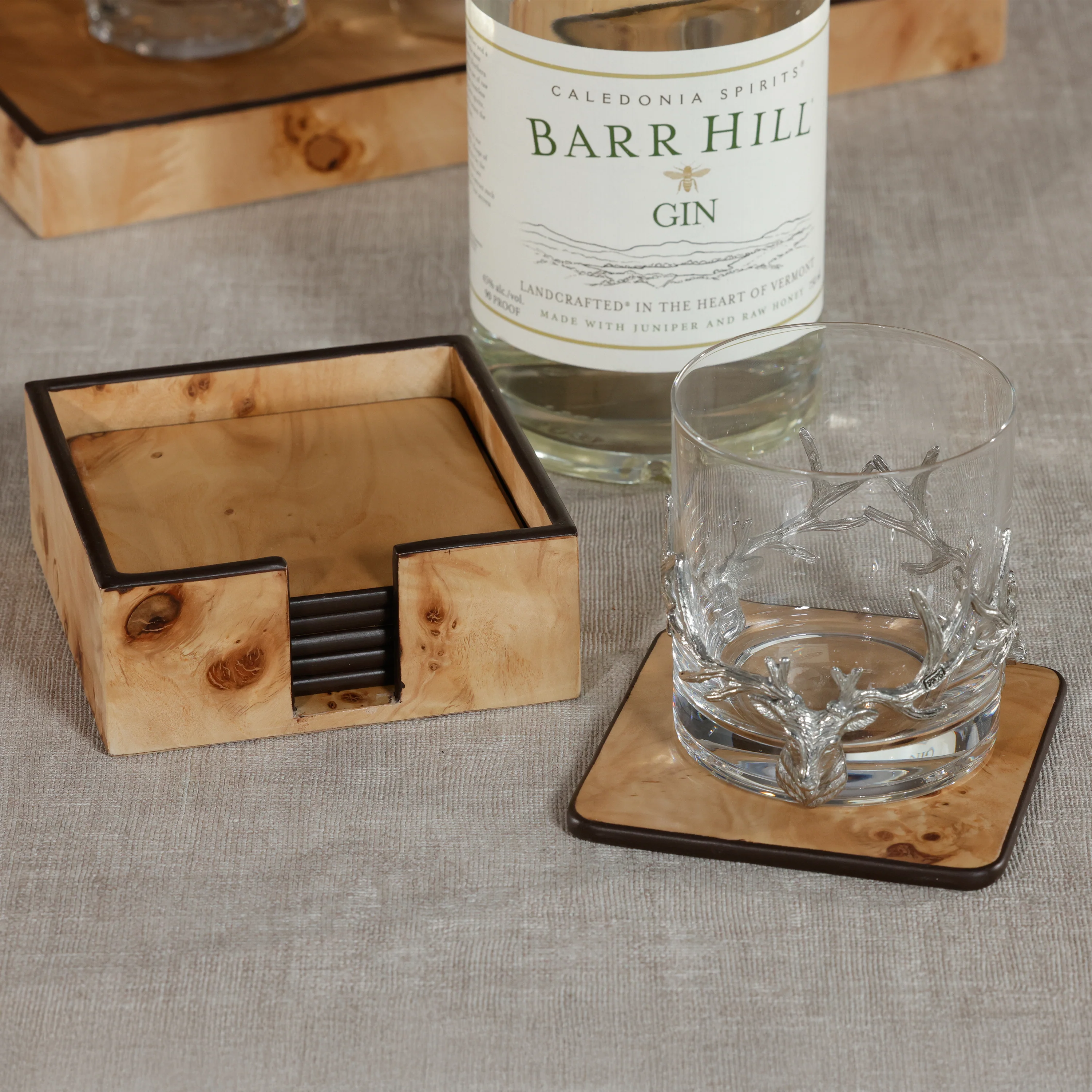 Valberg Burl Veneer Square Beverage Coasters with Holder, Set of 6 - Image 2