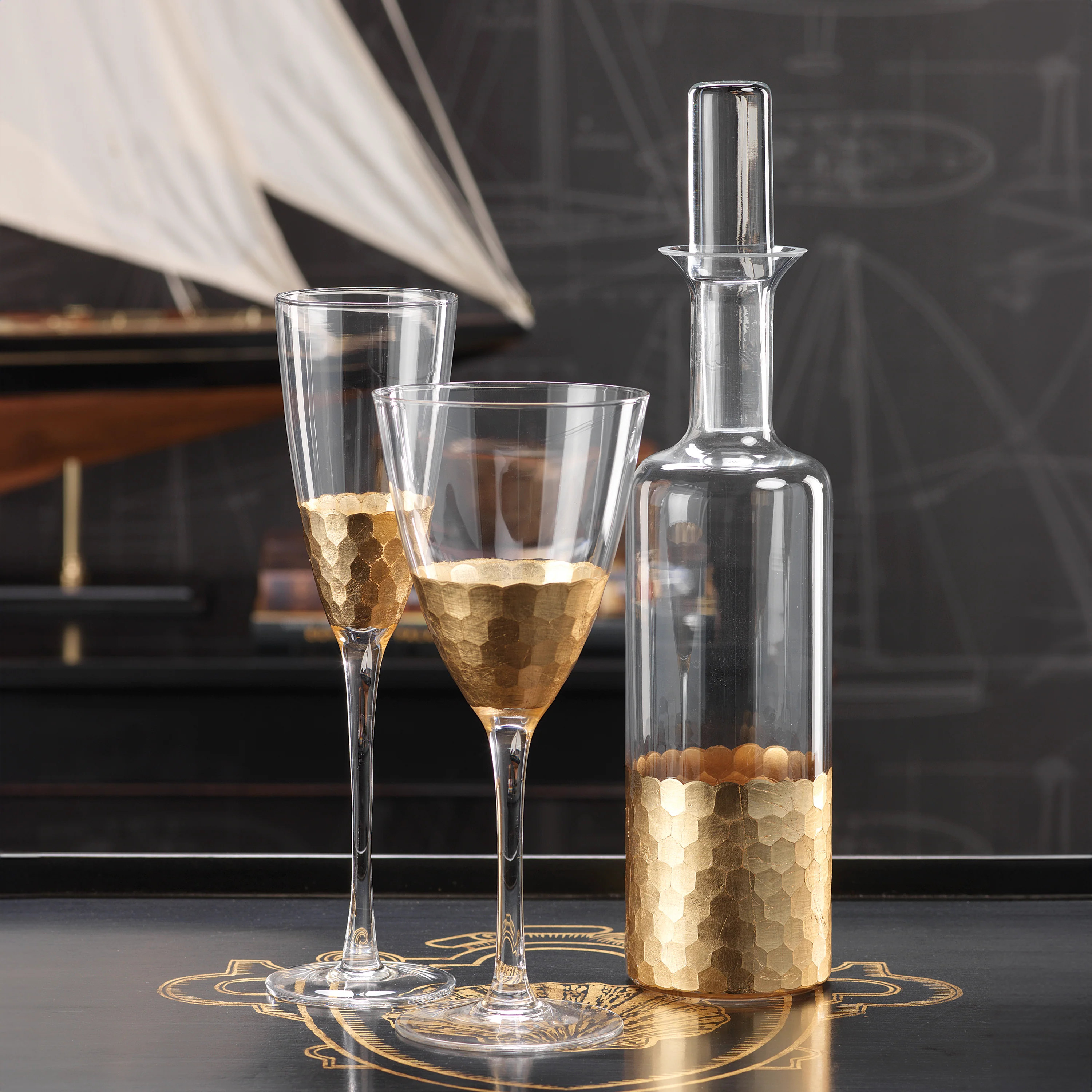 Fez Cut Glass Red Wine Glasses with Gold Leaf (Set of 4) - Image 3