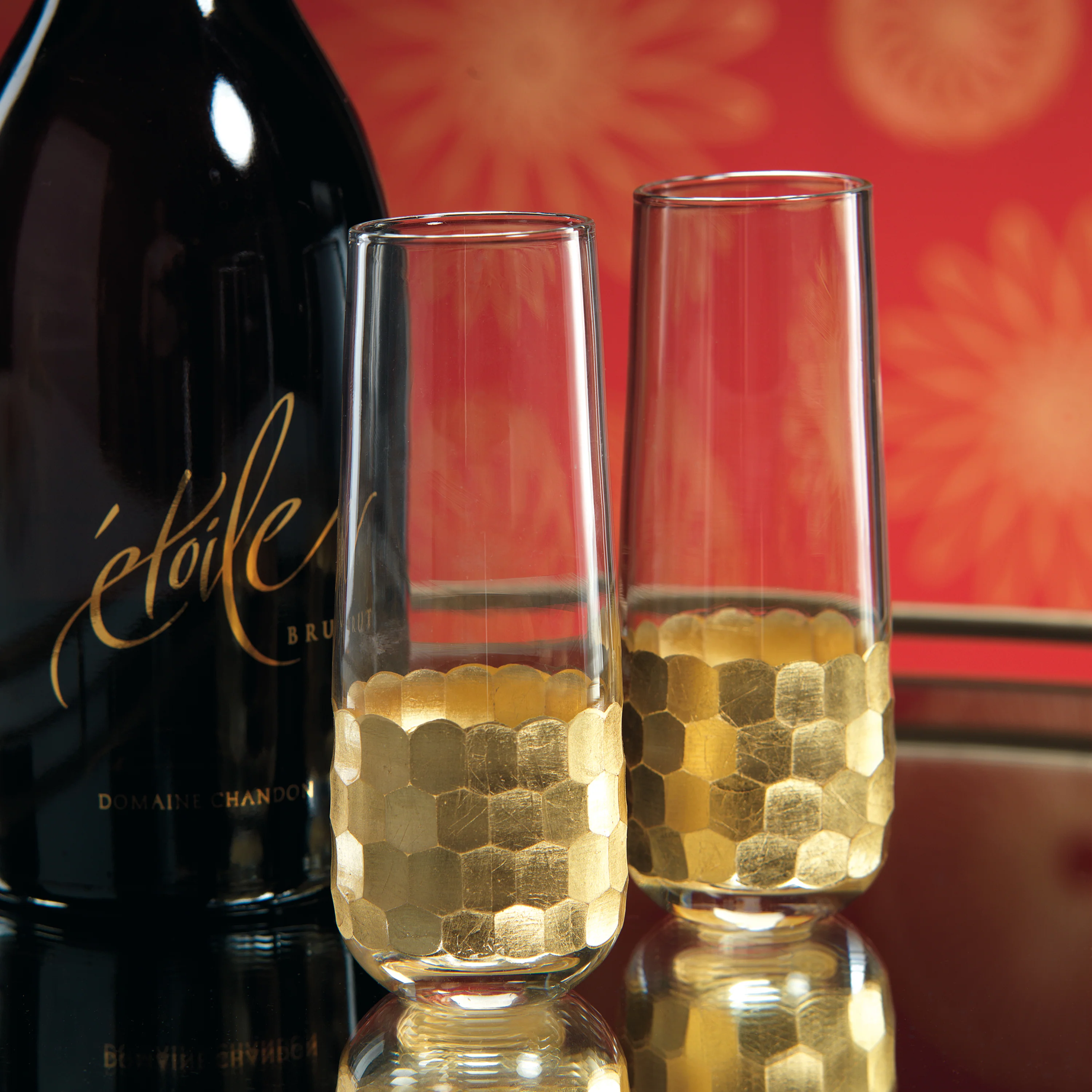 Fez Cut Stemless Champagne Glasses with Gold Leaf (Set of 6) - Image 3