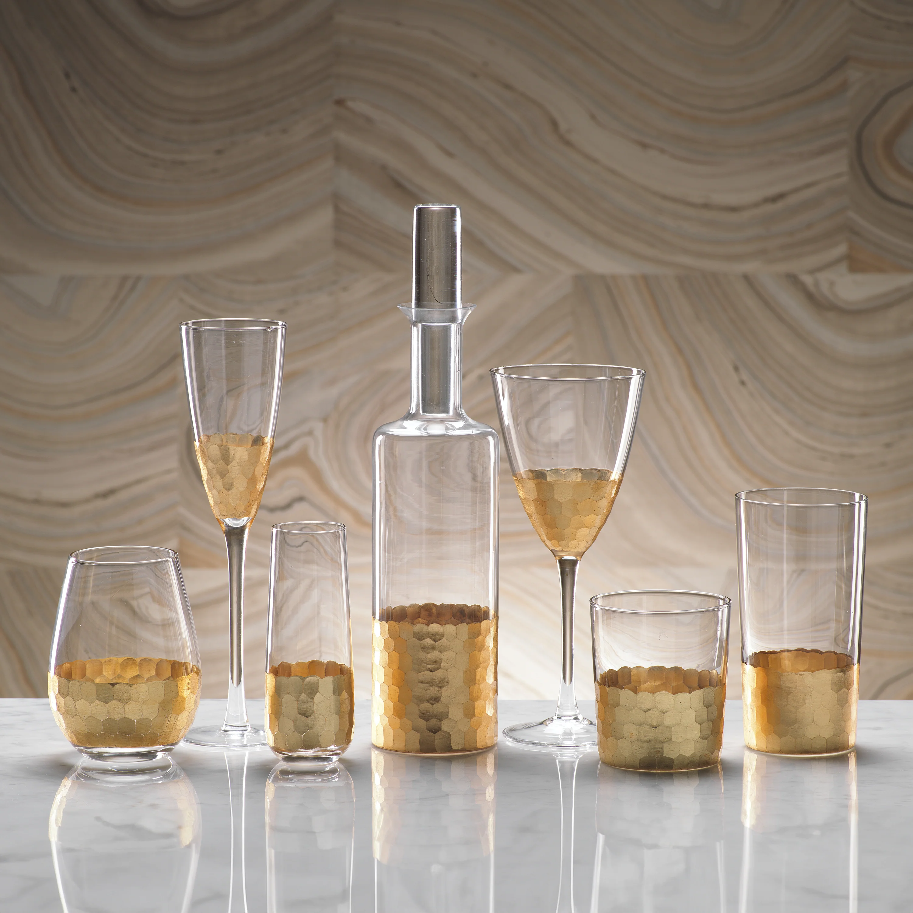 Fez Cut Stemless Wine Glasses with Gold Leaf (Set of 6) - Image 3