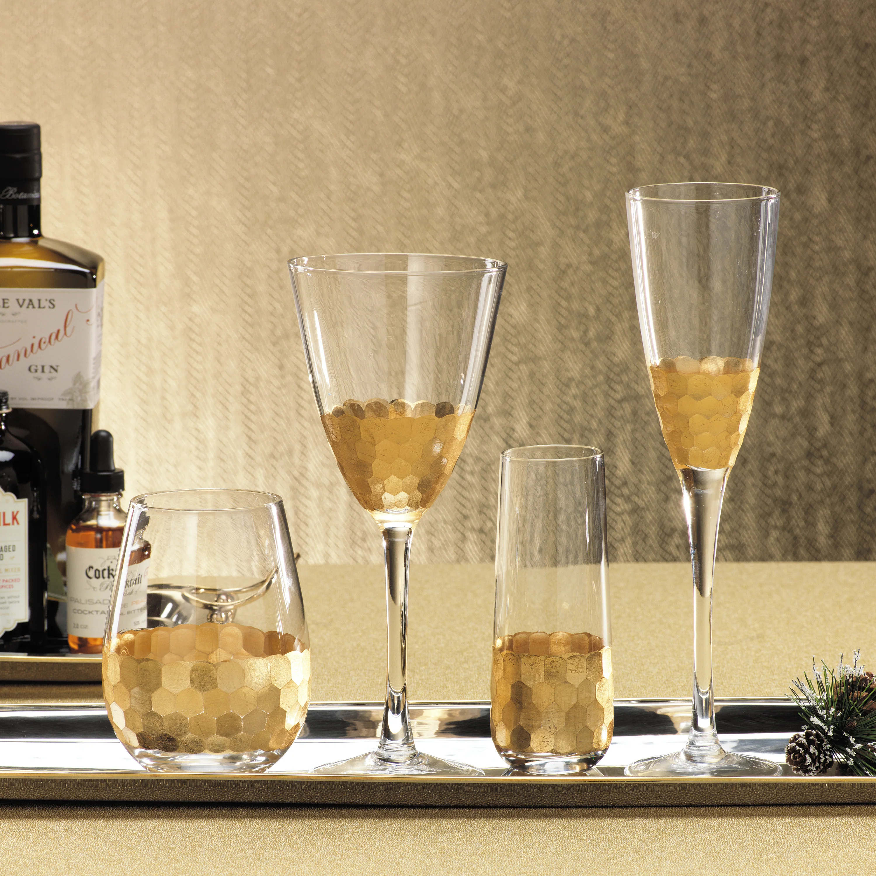Fez Cut Stemless Wine Glasses with Gold Leaf (Set of 6) - Image 4